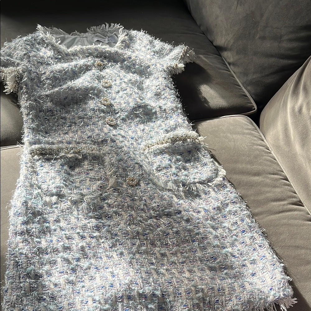 Mac Duggal Pale Blue & White Tweed Midi Dress with Pearl Buttons